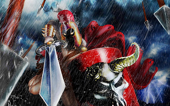 Warrior, shield, sword, man, skull, knight, armor, fantasy, helmet, red HD wallpaper