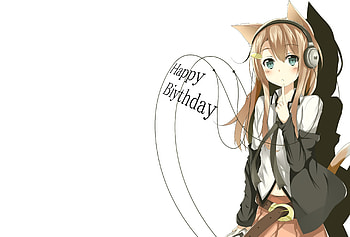 Happy Birtay, Cute, Adorable, Wire, Belt, Beautiful, Blue Eyes, Orange Skirt, Brown Hair, Brown Ears, Anime, Ears, Black Jacket, White Shirt, Blush, Neko, Sweet, Shadow, Cat, Heads, Long Hair HD wallpaper