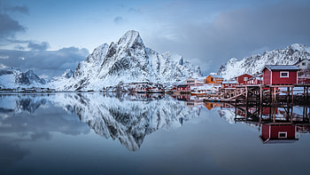 Lofoten ,Norway, Winter, Clouds, Sky, Houses, Snow, Water HD wallpaper