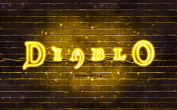 Diablo yellow logo, , yellow brickwall, Diablo logo, games brands, Diablo neon logo, Diablo HD wallpaper