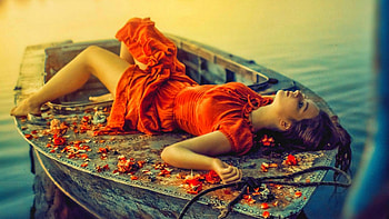 lady in the lake, boat, lady, lying, flower, lake HD wallpaper