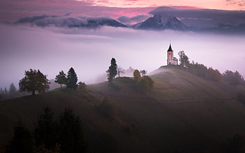 Church, fog, morning, mountain HD wallpaper