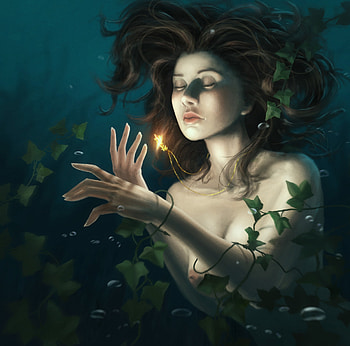 Mermaid, fantasy, art, girl, carlo di domenico, water, pendant, jewel, underwater, luminos HD wallpaper
