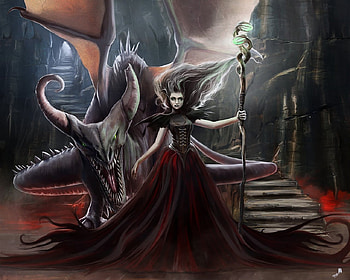 red dragon witch, steps, dragon, cave, witch HD wallpaper