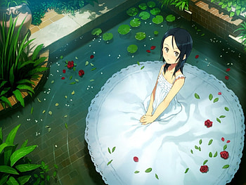 Anime girl in pool, roses, Dress, Garden, pond HD wallpaper
