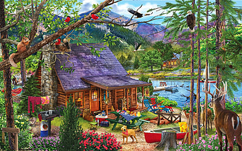 Our Special Place, pier, flowers, squirrel, cabin, dog, boat, river, birds, Eagles, painting, deer HD wallpaper