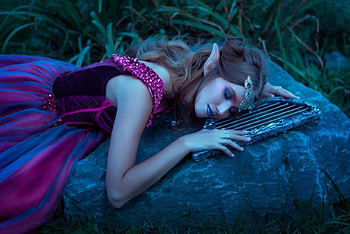 Where Fairies Dance, dreamer, makeup, model, girl, grass, elf, rock, beauty, harp, tiara, string instrument, forest HD wallpaper