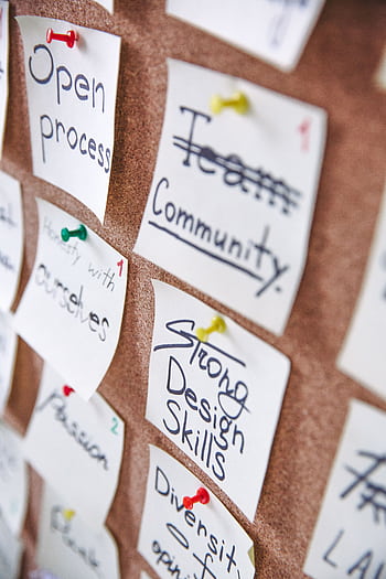 Pinned notes on a corkboard showcasing team collaboration and design skills. HD phone wallpaper