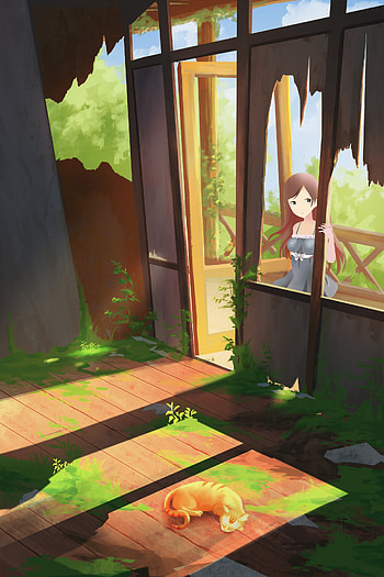 Anime, Art, Building, Cat, Girl HD phone wallpaper
