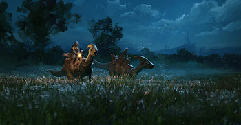 Evening fields, night, fantasy, art, lloyd allan haul, field, dinosaur, dark, dino HD wallpaper