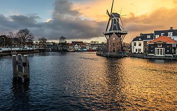Haarlem, , mill, evening, sunset, canal, old wooden mill, Haarlem cityscape, Netherlands HD wallpaper