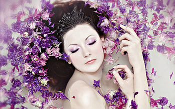 model, girl, woman, purple, pink, make-up, petals, flower, water HD wallpaper