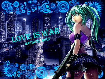 Love is War - Hatsune Miku, night, skyline, town, vocaloid, long hair, dress, miku, abstract, road, gun, female, sexy, architecture, city, hatsune miku, house, hot, skyscraper, girl, anime girl, anime, building, street, weapon, green hair, green eye HD wallpaper