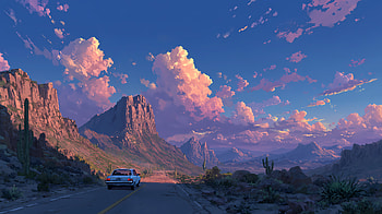 Car Driving Through A Desert Canyon At Sunset, car, canyon, sunset, cactus, sky, mountains, clouds, road, artist, artwork, art, digital-art, ai, deviantart HD wallpaper