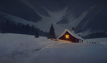 Art, Night, Snow, House, Izba HD wallpaper