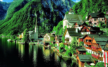 lake village, lake, green, village HD wallpaper