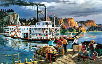 Riverboat, river, ship, painting, landscape, steam, mississippi, people HD wallpaper