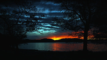 magnificent dark lake sunset, shore, clouds, trees, lake, sunset, dark HD wallpaper