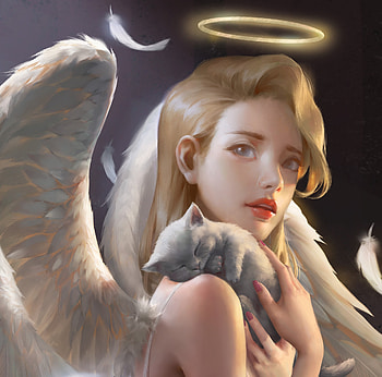Angel with sleeping kitten, golden, wings, frumusete, ckart, blonde, art, cat, angel, girl, ck, pisici, fantasy, sleep HD wallpaper