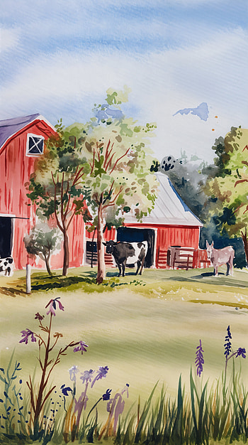 Farm Serenity: A Peaceful , farm, landscape, watercolor HD phone wallpaper