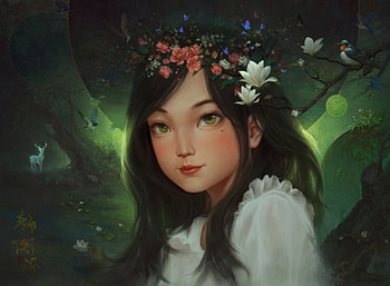Spring, frumusete, art, bird, swallow, randunici, girl, jxlart, fantasy, jxl, green, flower, face, luminos HD wallpaper