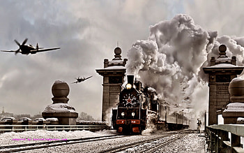 X, landscape, clouds, plane, locomotive HD wallpaper