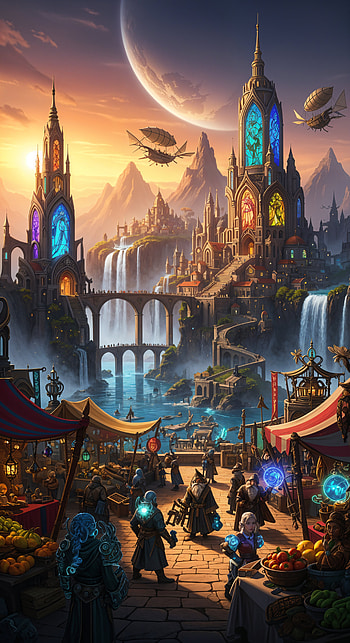 Moonrise Citadel — Fantasy City , castle, waterfall HD phone wallpaper