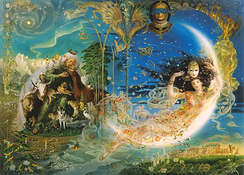 Abraxis Chimera, chimera, moon, art, fantasy, abraxis, girl, illustration, blue, night, kinuko y craft HD wallpaper