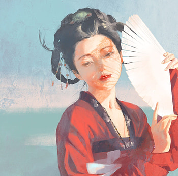 Girl with hand fan, blue, frumusete, art, asian, gorgeous, girl, superb, hand fan, fantasy, qshika, red, luminos, evantai HD wallpaper