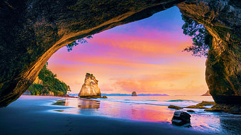 Cathedral Cove at Mercury Bay, New Zealand, Peninsula, morning, clouds, colors, Coromandel, sky, sailboat, sunrise, rocks HD wallpaper
