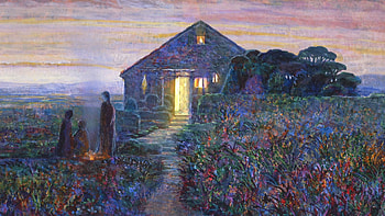 Evening, blue, naohisa inoue, art, house, garden, people, fantasy, flower, luminos HD wallpaper