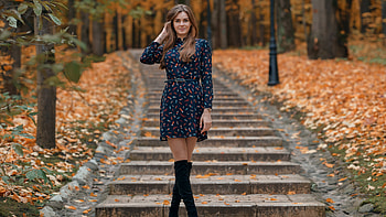 Beautiful Girl Model Is Standing In Stairs Background Wearing Blue Dress Girls HD wallpaper