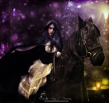 In The still of the Night, night, lady, horse, fantasy, dark HD wallpaper