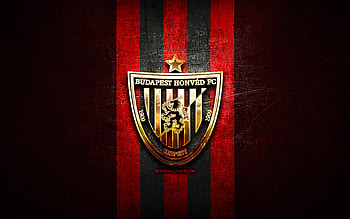 Budapest Honved FC, golden logo, OTP Bank Liga, red metal background, football, hungarian football club, Budapest Honved logo, Hungary, Budapest Honved HD wallpaper