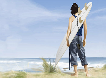 surfer, blue, sea, surfing, painting, anime, sky HD wallpaper