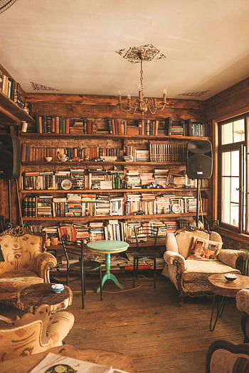 Warm and inviting library room with wooden shelves, books, and comfortable seating. HD phone wallpaper