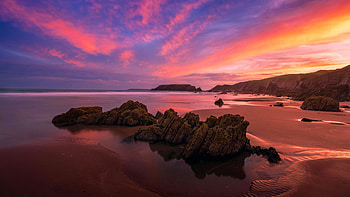 Marloe sands, Wales, coast, colors, uk, sky, rocks, sunset HD wallpaper