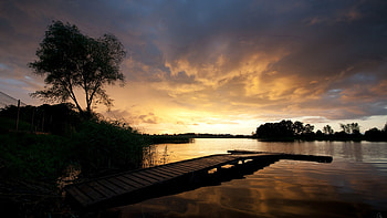 Nature, Sunset, Lake, Shore, Bank, Pier, Bridge, Outlines HD wallpaper