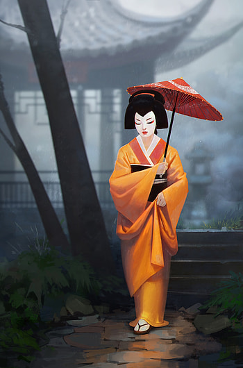Art, Girl, Umbrella, Kimono, Geisha HD phone wallpaper