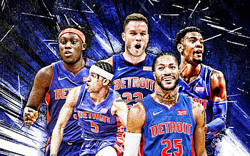 Blake Griffin, Frank Jackson, Derrick Rose, Sekou Doumbouya, Josh Jackson, grunge art, Detroit Pistons, basketball, NBA, Detroit Pistons team, blue abstract rays, basketball stars HD wallpaper