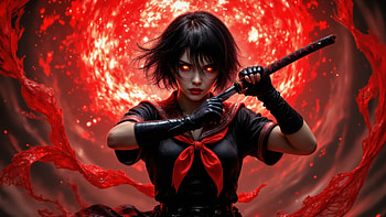 Blood Moon Katana: The Crimson-Eyed Warrior, anime girl, katana, blood moon, Dark Fantasy, glowing eyes HD wallpaper