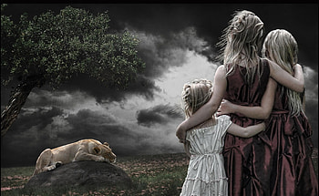 Girls, Fantasy, Children, Rock, Wood, Tree, Lion, Stone, Overcast, Mainly Cloudy HD wallpaper