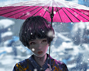 Snow, blue, winter, umbrella, art, girl, pink, fantasy, wlop, luminos HD wallpaper