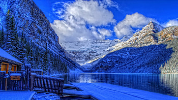 awesome boathouse in lake louise canada r, winter, clouds, r, mountains, forest, lake, boathouse HD wallpaper