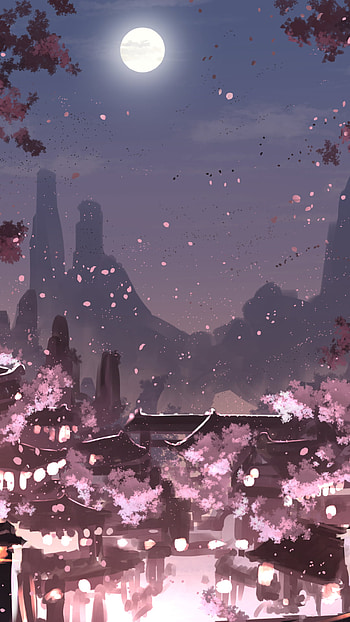 Full moon over the cherry blossom, moon, cherry blossom, Anime, Original HD phone wallpaper