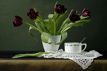 Tea Time with Tulips, still life, teacup, tea time, flowers, tulips HD wallpaper