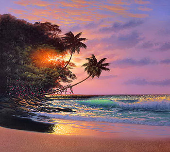 Palm breezes, waves, sand, clouds, palm trees, sunset, beach HD wallpaper