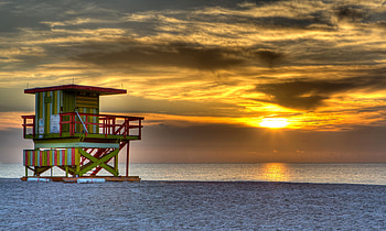 South beach, miami, usa, evening, sunset, sun, sky, clouds HD wallpaper