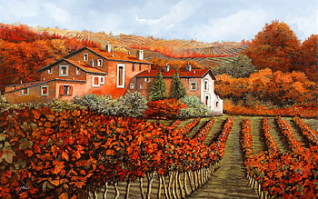 Vigne rosse a Montalcino, Tuscany, vinyard, painting, field, house, landscape, trees HD wallpaper