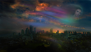 Heavenly Angel, colorful, city, face, angelic, sky, beautiful, sunset, evening HD wallpaper